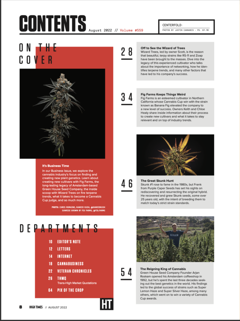 Table of Contents of High Times Magazine