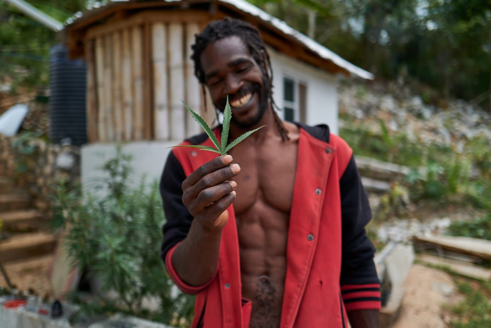 Jamaican man smiling holding a cannabis leaf