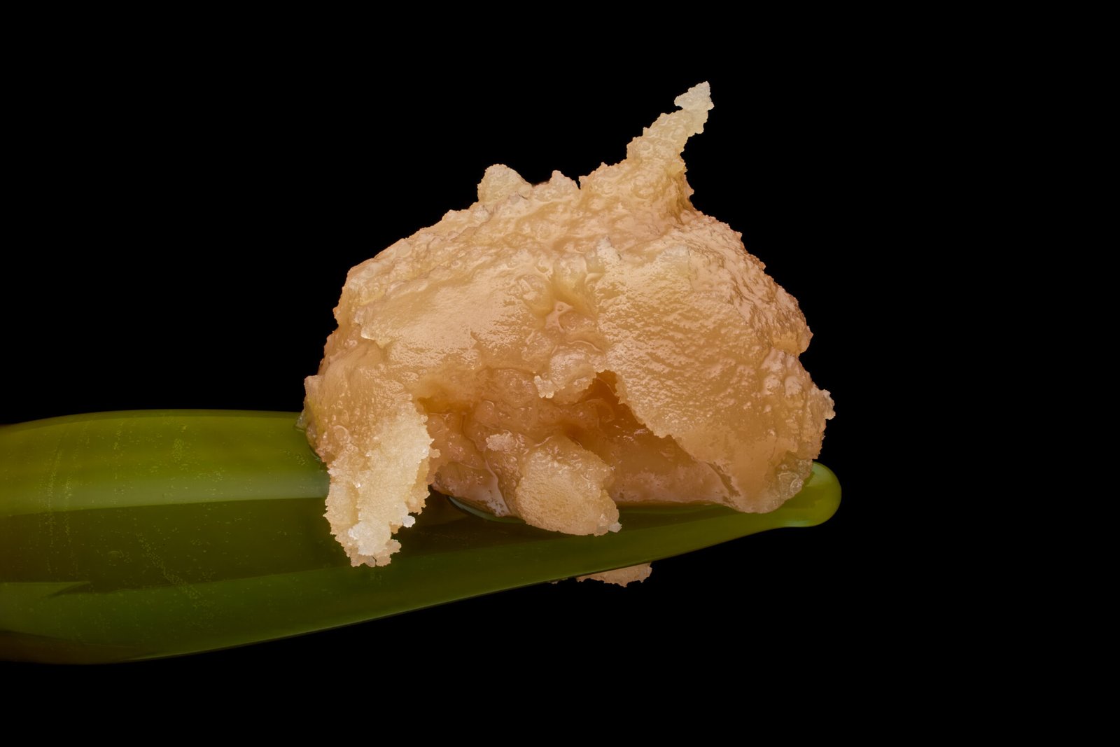 Hash rosin sitting in a glob on a green colored glass dab tool captured in a photography studio against black background
